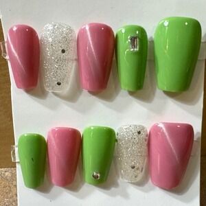 Press On Nails Green Pink Glitter Sparkle Short Fake Nails Manicure